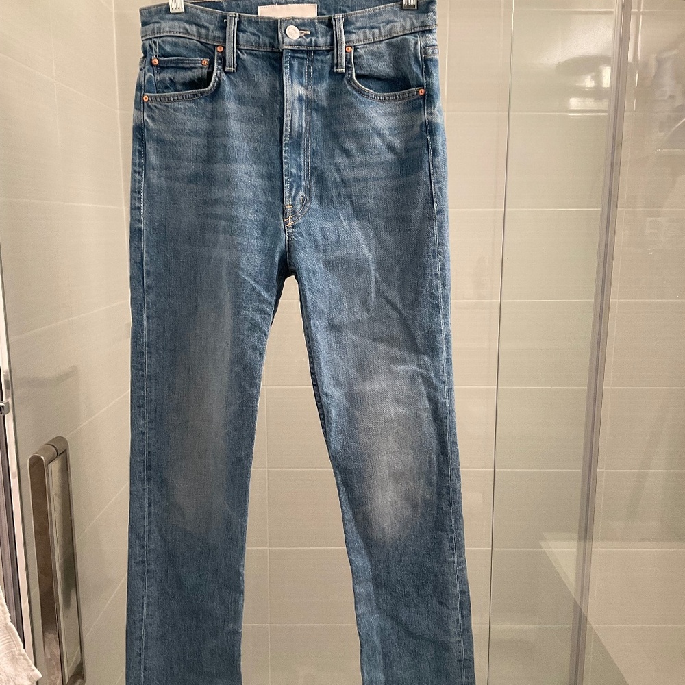 MOTHER High-Rise Straight Jeans in Medium Blue Wash